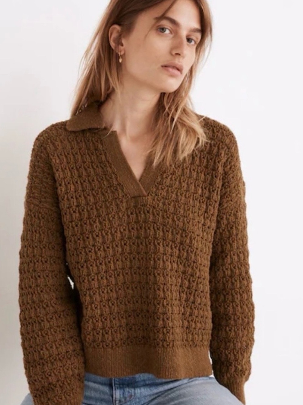 Madewell Sunbury Open-Stitch Polo Olive Green 100% Cotton Size Small Knit Top